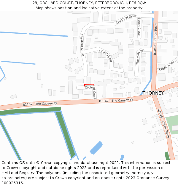 28, ORCHARD COURT, THORNEY, PETERBOROUGH, PE6 0QW: Location map and indicative extent of plot