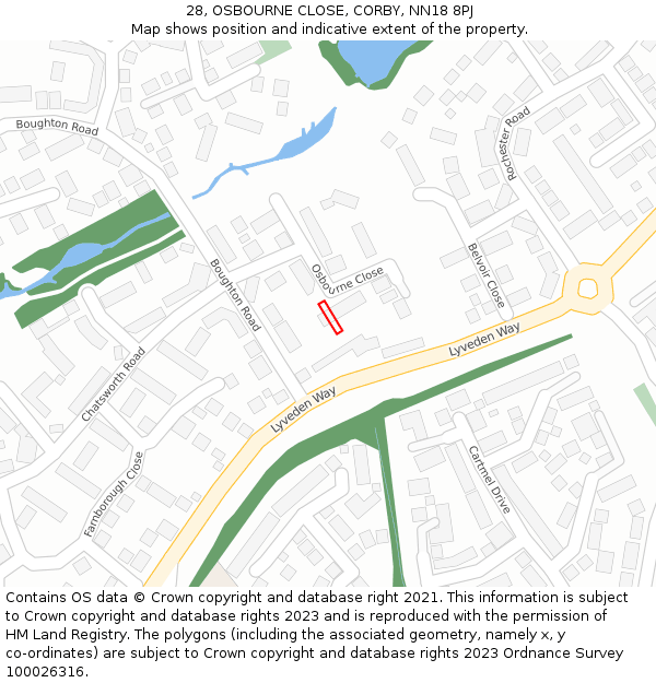28, OSBOURNE CLOSE, CORBY, NN18 8PJ: Location map and indicative extent of plot