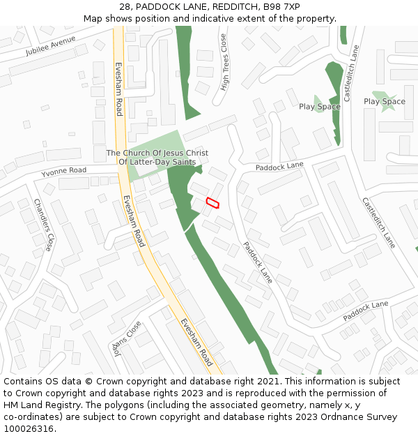 28, PADDOCK LANE, REDDITCH, B98 7XP: Location map and indicative extent of plot