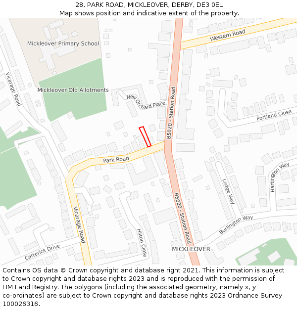 28, PARK ROAD, MICKLEOVER, DERBY, DE3 0EL: Location map and indicative extent of plot