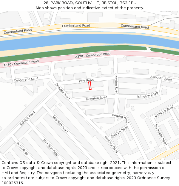 28, PARK ROAD, SOUTHVILLE, BRISTOL, BS3 1PU: Location map and indicative extent of plot