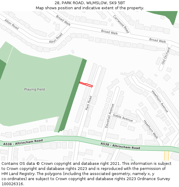 28, PARK ROAD, WILMSLOW, SK9 5BT: Location map and indicative extent of plot