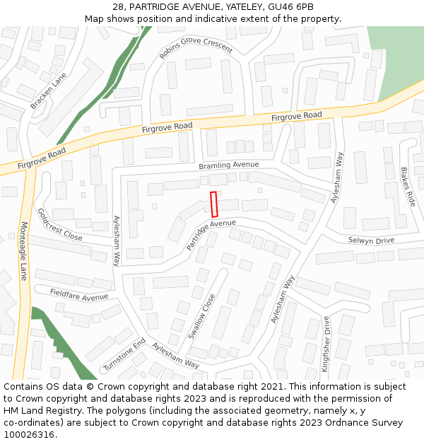 28, PARTRIDGE AVENUE, YATELEY, GU46 6PB: Location map and indicative extent of plot
