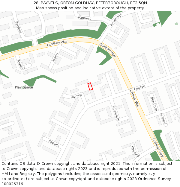 28, PAYNELS, ORTON GOLDHAY, PETERBOROUGH, PE2 5QN: Location map and indicative extent of plot
