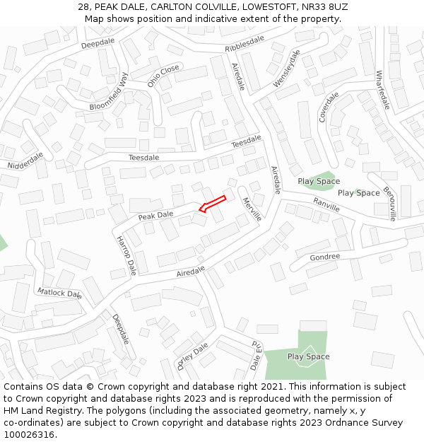 28, PEAK DALE, CARLTON COLVILLE, LOWESTOFT, NR33 8UZ: Location map and indicative extent of plot