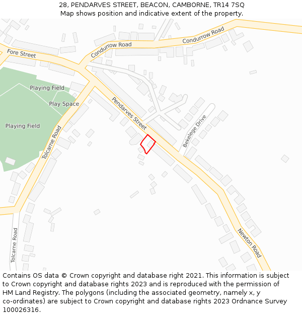28, PENDARVES STREET, BEACON, CAMBORNE, TR14 7SQ: Location map and indicative extent of plot