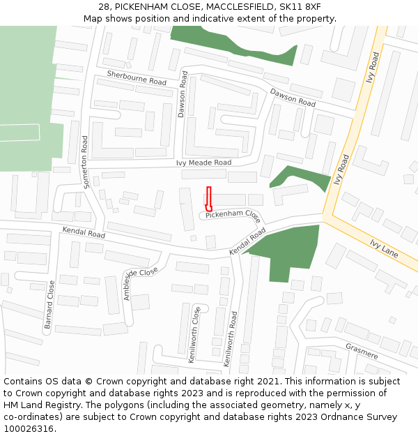 28, PICKENHAM CLOSE, MACCLESFIELD, SK11 8XF: Location map and indicative extent of plot