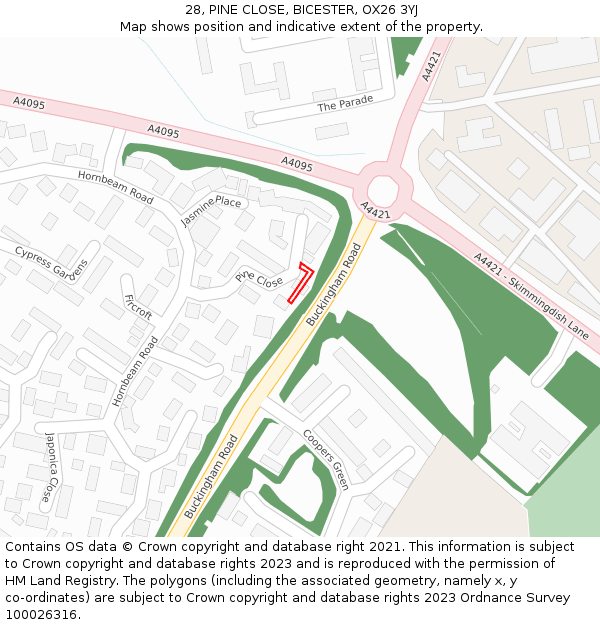 28, PINE CLOSE, BICESTER, OX26 3YJ: Location map and indicative extent of plot