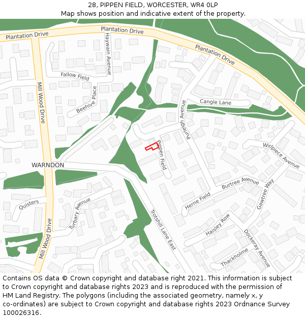 28, PIPPEN FIELD, WORCESTER, WR4 0LP: Location map and indicative extent of plot