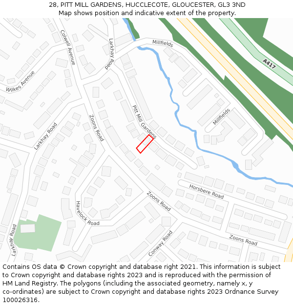 28, PITT MILL GARDENS, HUCCLECOTE, GLOUCESTER, GL3 3ND: Location map and indicative extent of plot