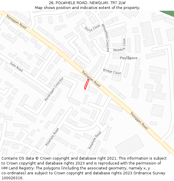 28, POLWHELE ROAD, NEWQUAY, TR7 2LW: Location map and indicative extent of plot