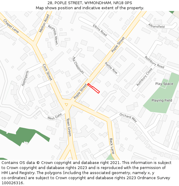 28, POPLE STREET, WYMONDHAM, NR18 0PS: Location map and indicative extent of plot
