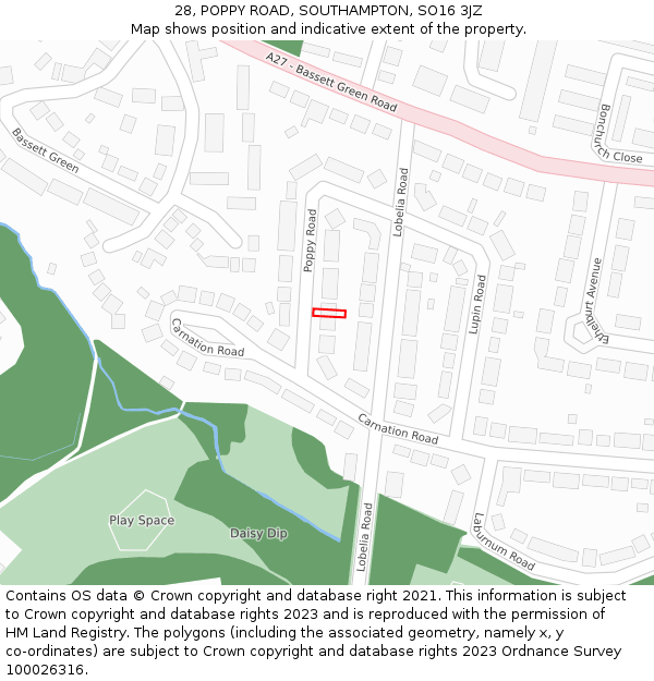 28, POPPY ROAD, SOUTHAMPTON, SO16 3JZ: Location map and indicative extent of plot