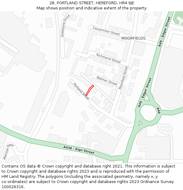 28, PORTLAND STREET, HEREFORD, HR4 9JE: Location map and indicative extent of plot