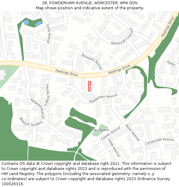 28, POWDERHAM AVENUE, WORCESTER, WR4 0DN: Location map and indicative extent of plot