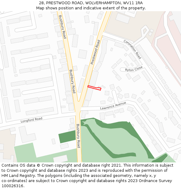 28, PRESTWOOD ROAD, WOLVERHAMPTON, WV11 1RA: Location map and indicative extent of plot