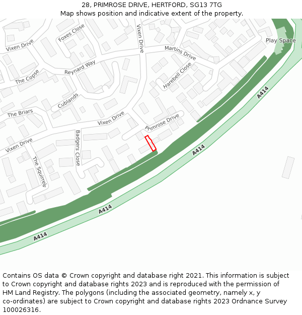 28, PRIMROSE DRIVE, HERTFORD, SG13 7TG: Location map and indicative extent of plot