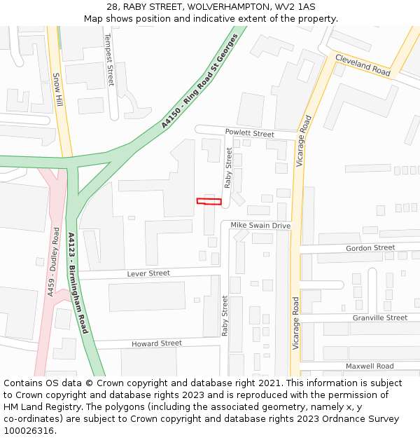 28, RABY STREET, WOLVERHAMPTON, WV2 1AS: Location map and indicative extent of plot