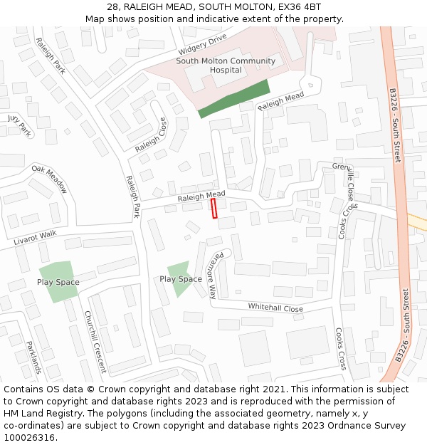 28, RALEIGH MEAD, SOUTH MOLTON, EX36 4BT: Location map and indicative extent of plot