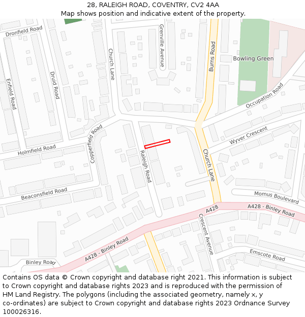 28, RALEIGH ROAD, COVENTRY, CV2 4AA: Location map and indicative extent of plot