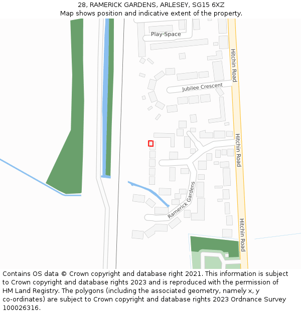 28, RAMERICK GARDENS, ARLESEY, SG15 6XZ: Location map and indicative extent of plot