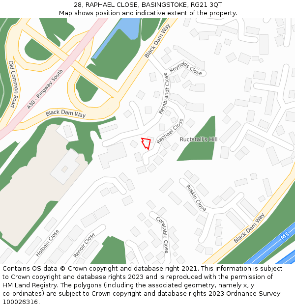 28, RAPHAEL CLOSE, BASINGSTOKE, RG21 3QT: Location map and indicative extent of plot