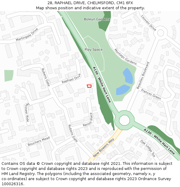 28, RAPHAEL DRIVE, CHELMSFORD, CM1 6FX: Location map and indicative extent of plot