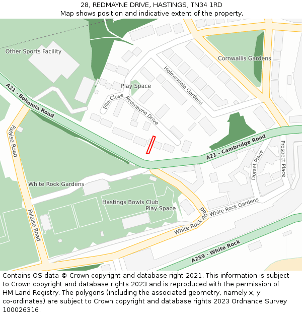 28, REDMAYNE DRIVE, HASTINGS, TN34 1RD: Location map and indicative extent of plot
