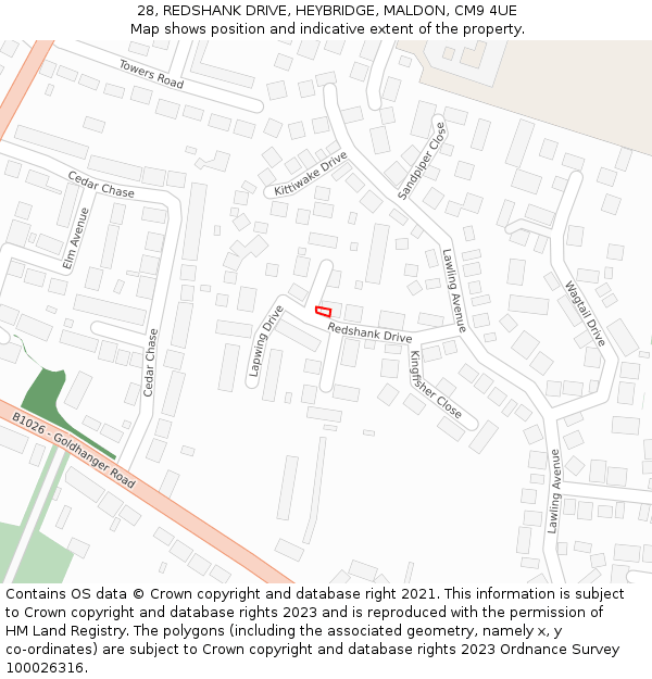 28, REDSHANK DRIVE, HEYBRIDGE, MALDON, CM9 4UE: Location map and indicative extent of plot