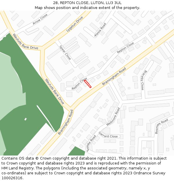 28, REPTON CLOSE, LUTON, LU3 3UL: Location map and indicative extent of plot