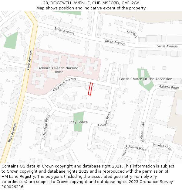 28, RIDGEWELL AVENUE, CHELMSFORD, CM1 2GA: Location map and indicative extent of plot