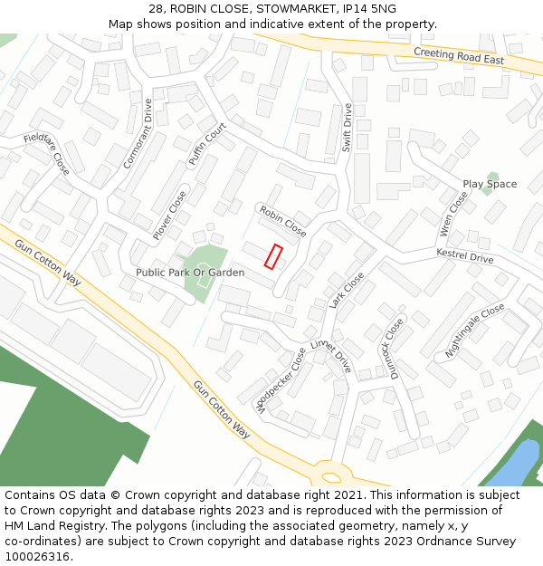28, ROBIN CLOSE, STOWMARKET, IP14 5NG: Location map and indicative extent of plot