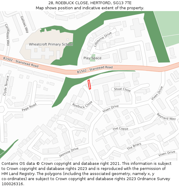 28, ROEBUCK CLOSE, HERTFORD, SG13 7TE: Location map and indicative extent of plot