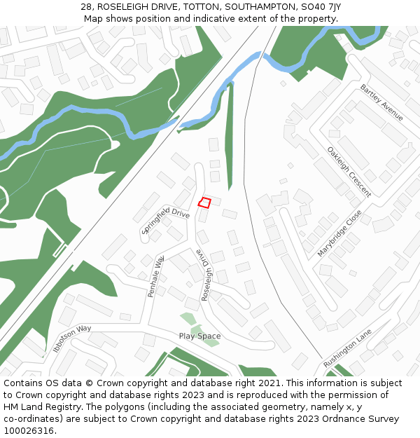 28, ROSELEIGH DRIVE, TOTTON, SOUTHAMPTON, SO40 7JY: Location map and indicative extent of plot