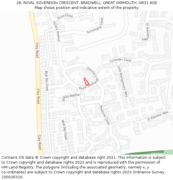 28, ROYAL SOVEREIGN CRESCENT, BRADWELL, GREAT YARMOUTH, NR31 9GE: Location map and indicative extent of plot