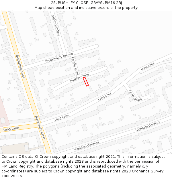 28, RUSHLEY CLOSE, GRAYS, RM16 2BJ: Location map and indicative extent of plot