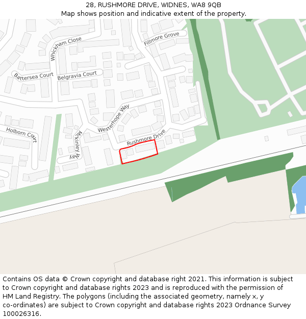 28, RUSHMORE DRIVE, WIDNES, WA8 9QB: Location map and indicative extent of plot