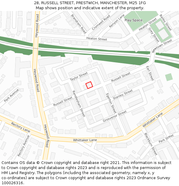 28, RUSSELL STREET, PRESTWICH, MANCHESTER, M25 1FG: Location map and indicative extent of plot