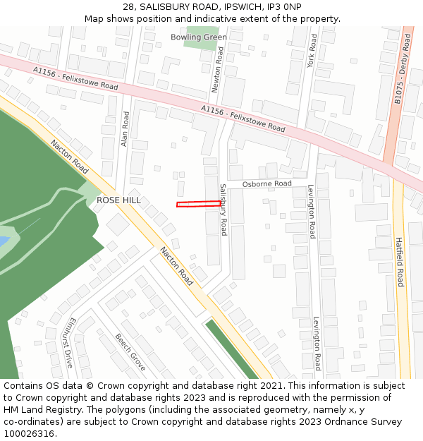 28, SALISBURY ROAD, IPSWICH, IP3 0NP: Location map and indicative extent of plot