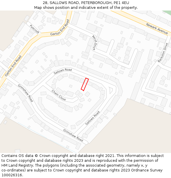 28, SALLOWS ROAD, PETERBOROUGH, PE1 4EU: Location map and indicative extent of plot