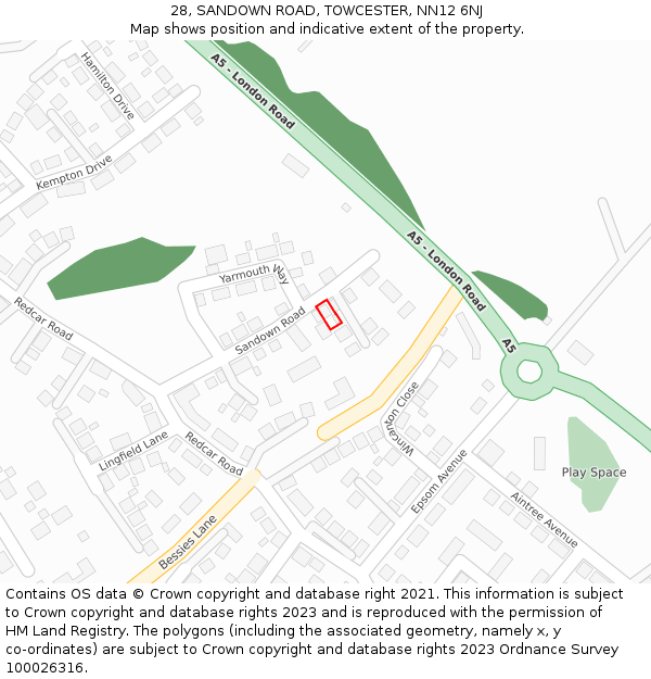 28, SANDOWN ROAD, TOWCESTER, NN12 6NJ: Location map and indicative extent of plot