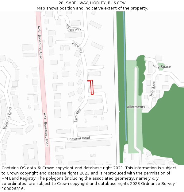 28, SAREL WAY, HORLEY, RH6 8EW: Location map and indicative extent of plot