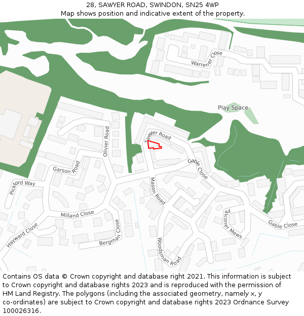 28, SAWYER ROAD, SWINDON, SN25 4WP: Location map and indicative extent of plot