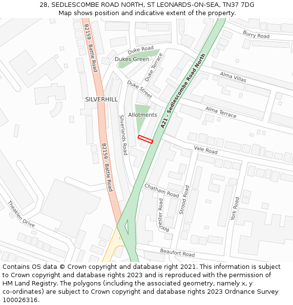 28, SEDLESCOMBE ROAD NORTH, ST LEONARDS-ON-SEA, TN37 7DG: Location map and indicative extent of plot