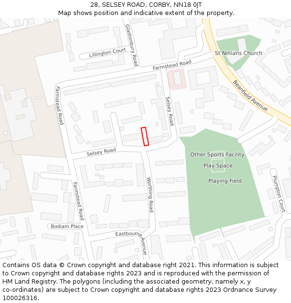 28, SELSEY ROAD, CORBY, NN18 0JT: Location map and indicative extent of plot