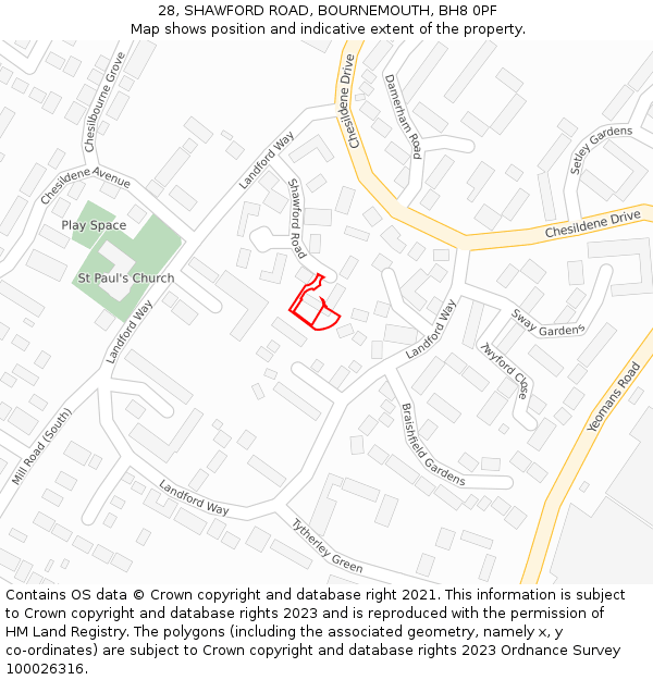 28, SHAWFORD ROAD, BOURNEMOUTH, BH8 0PF: Location map and indicative extent of plot