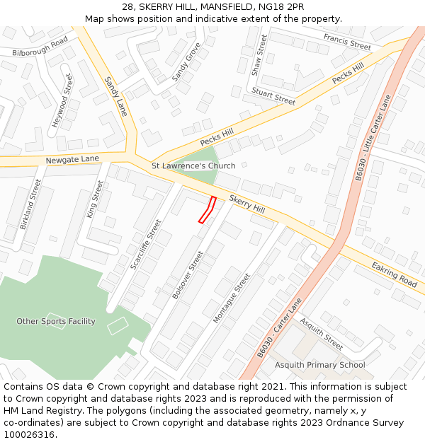 28, SKERRY HILL, MANSFIELD, NG18 2PR: Location map and indicative extent of plot