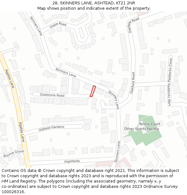 28, SKINNERS LANE, ASHTEAD, KT21 2NR: Location map and indicative extent of plot