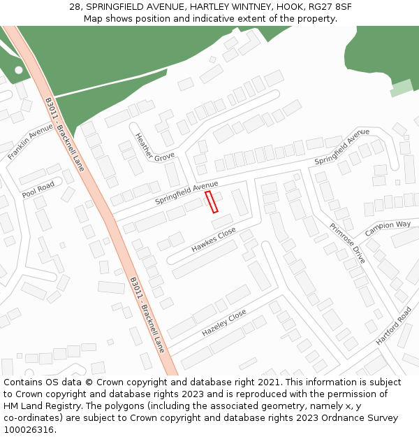 28, SPRINGFIELD AVENUE, HARTLEY WINTNEY, HOOK, RG27 8SF: Location map and indicative extent of plot