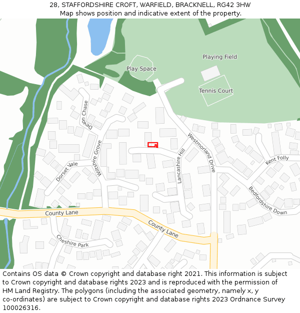 28, STAFFORDSHIRE CROFT, WARFIELD, BRACKNELL, RG42 3HW: Location map and indicative extent of plot